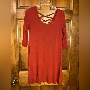 Wet Seal Women's Rust Three Quarter Sleeve  T-Shirt Dress, Strappy Back,  Medium